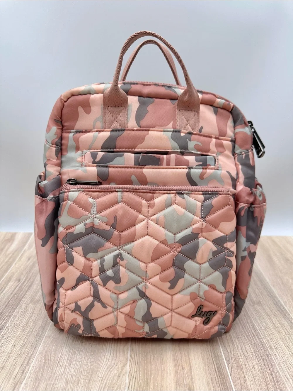 Lug Dodger RFID Small Travel Backpack Rose & Gray Pink Camp Print EUC